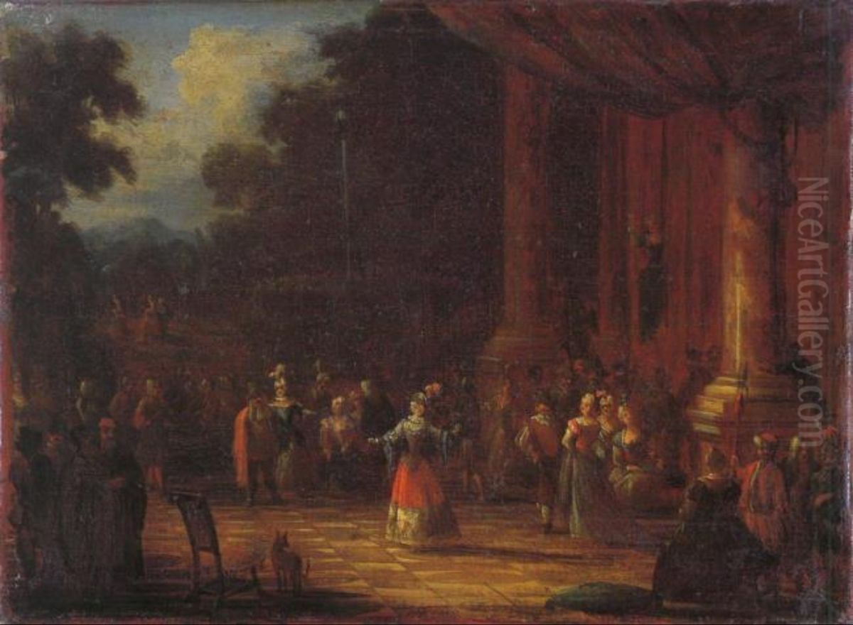 Dancers in front of a palace Oil Painting by Willem Augustin van Minderhout
