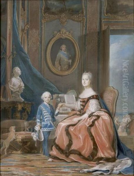 Marie Josephe of Saxony with her son the Duke of Burgundy. Oil Painting by Maurice Quentin de La Tour