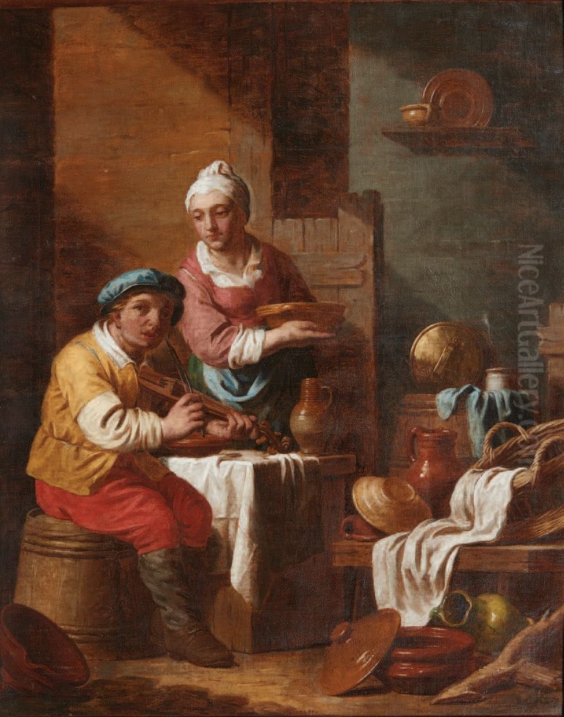 Man playing the violin and woman standing next to him in a kitchen Oil Painting by Jan Jozef Verhaghen