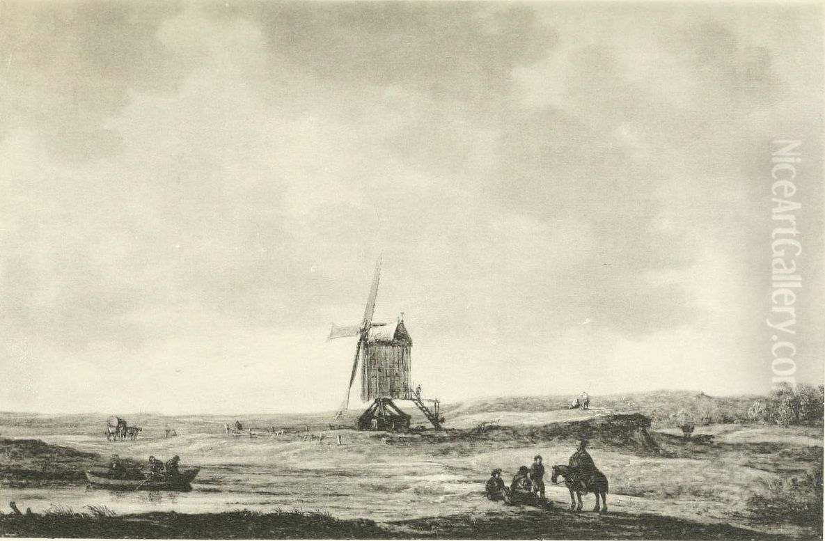 A windmill with travelers Oil Painting by Jan van Goyen