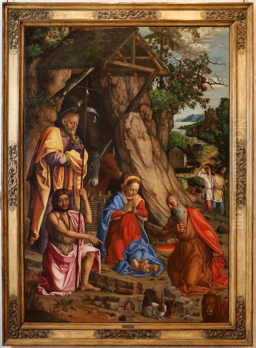 Nativita con san Giovanni battista e san Girolamo Oil Painting by Girolamo dai Libri