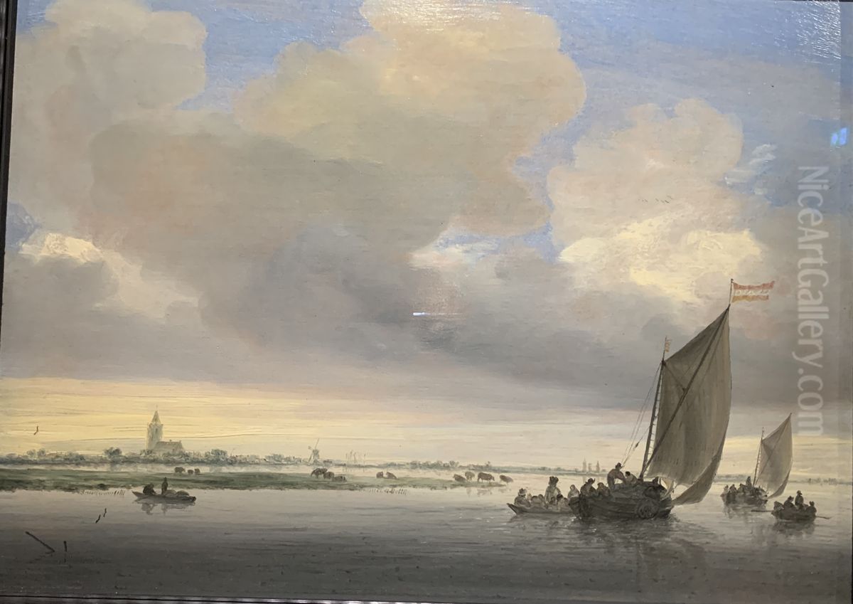 De Wijkermeer met twee wijdschepen, op de achtergrond Beverwijk Oil Painting by Salomon van Ruysdael