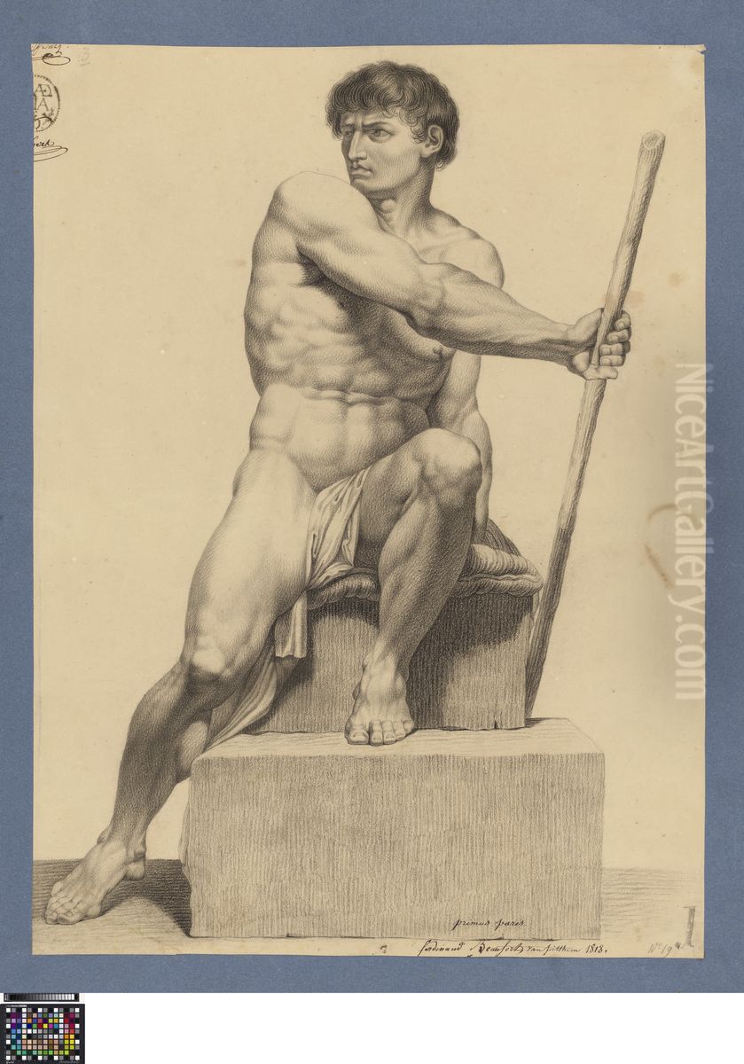 seated male nude, holding a stick Oil Painting by Fernand Beaufort