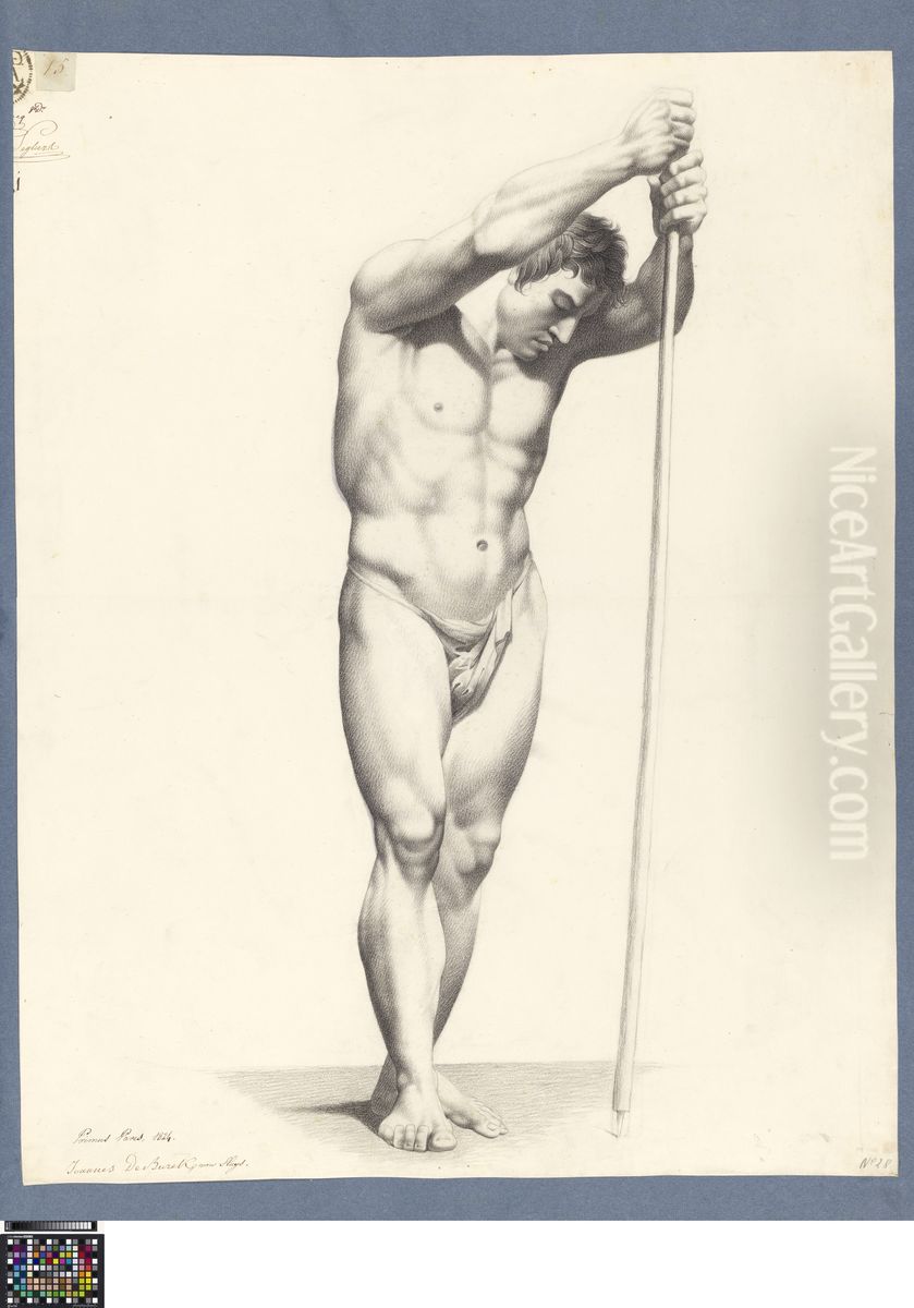 standing male nude holding a stick Oil Painting by Johannes du Burck
