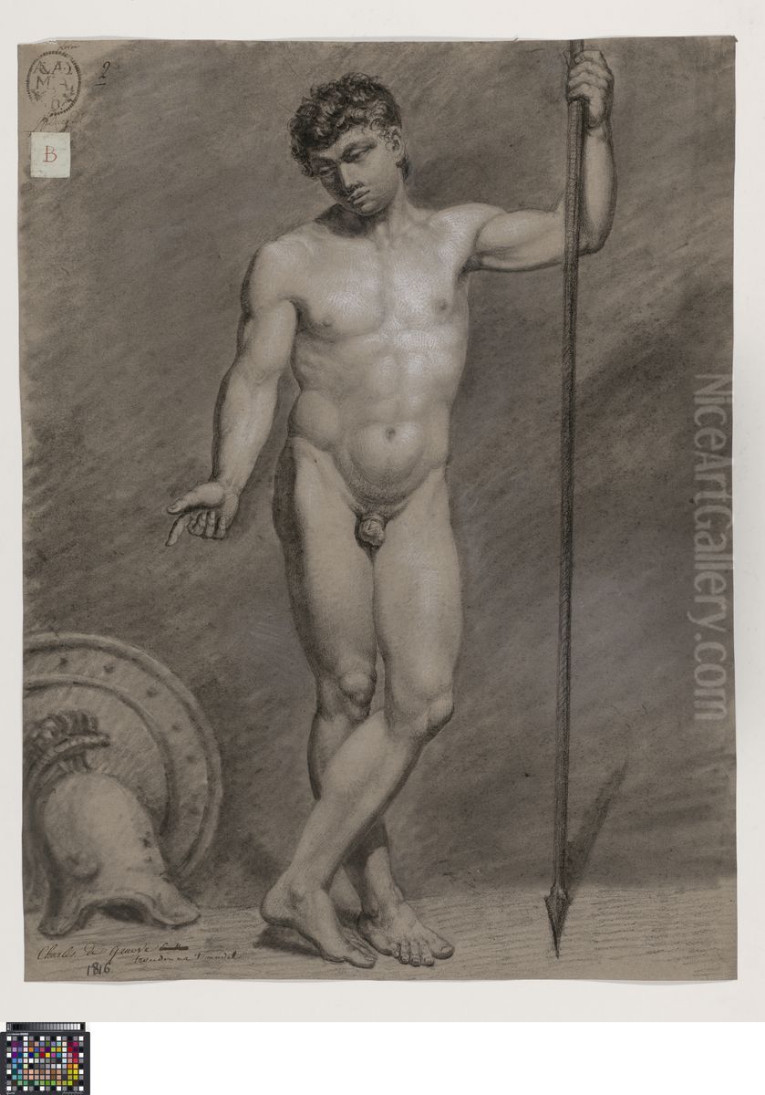 standing male nude holding a spear Oil Painting by Charles De Graeve