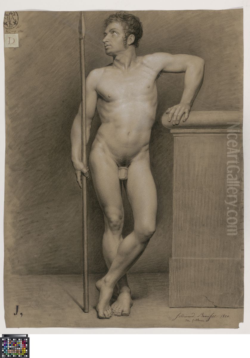 standing male nude holding a spear Oil Painting by Fernand Beaufort