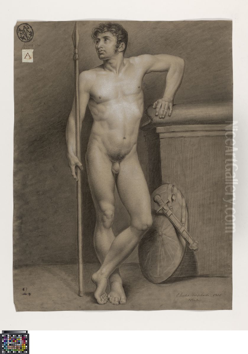 standing male nude holding a spear Oil Painting by Charles Verschaeve