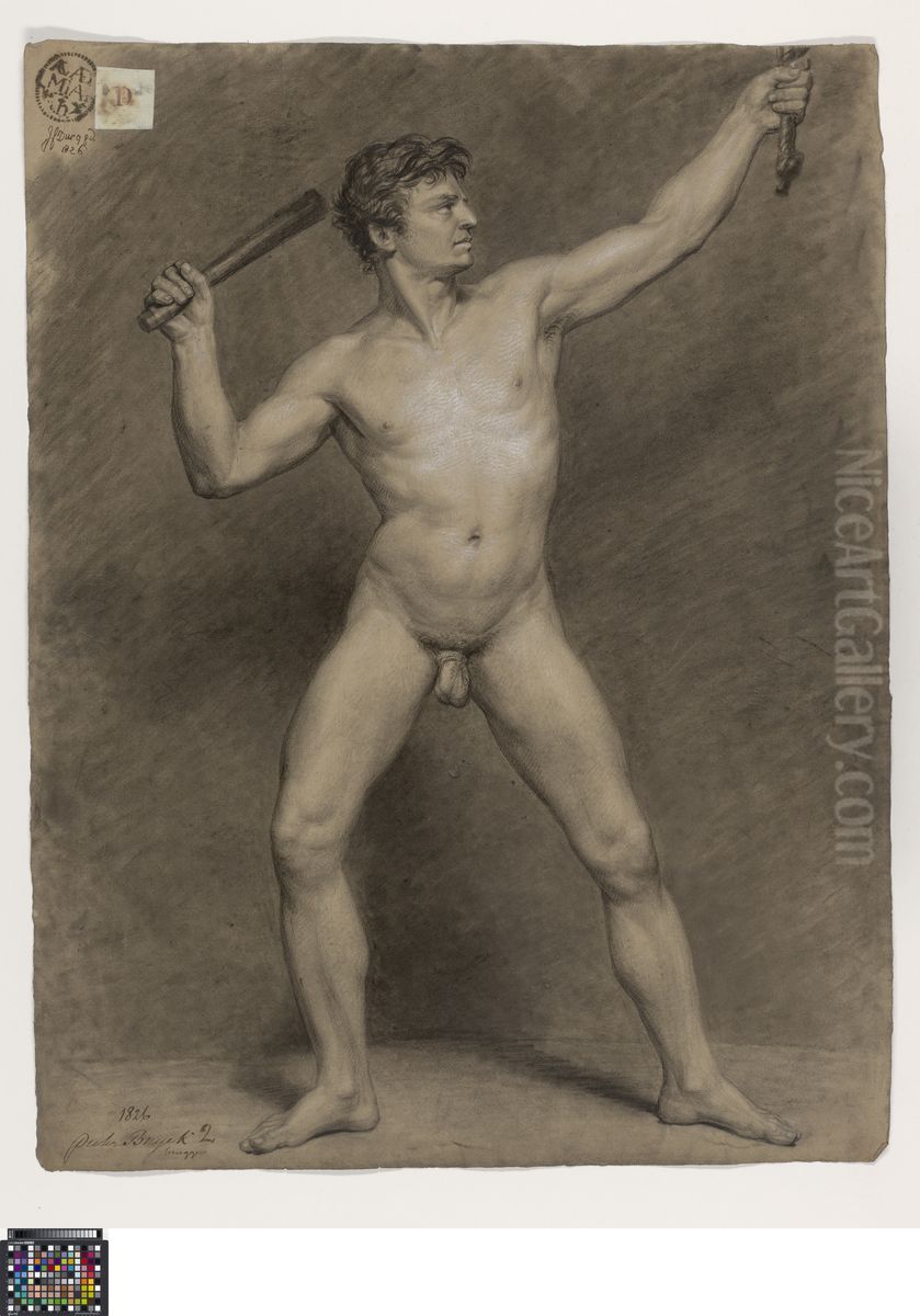 standing male nude holding a bat Oil Painting by Pierre Francois Buyck