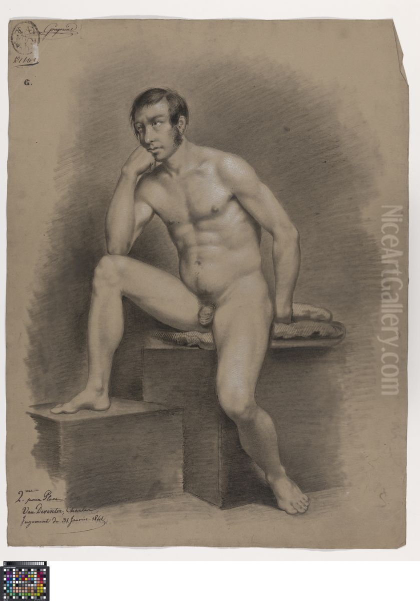 seated male nude Oil Painting by Charles van Deventer