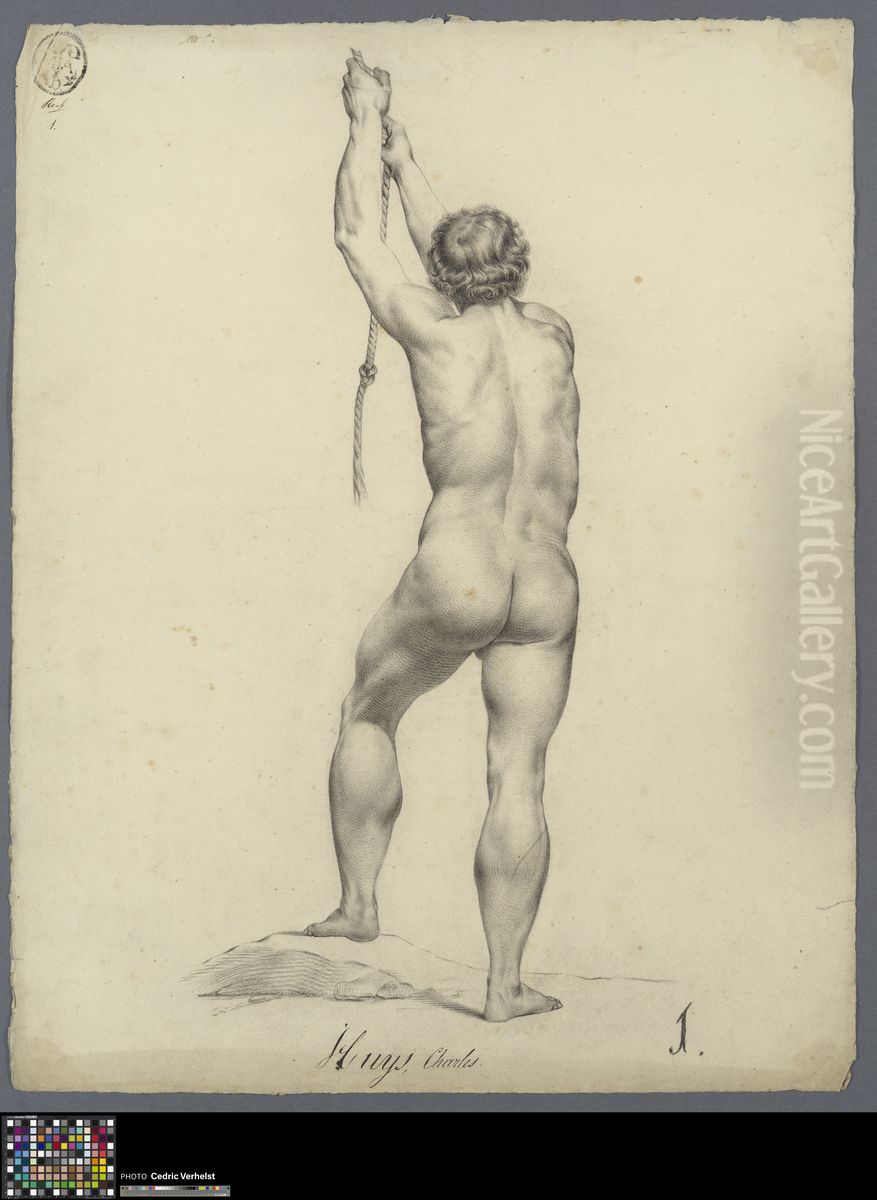standing male nude pulling a rope, seen from behind Oil Painting by Charles Huys