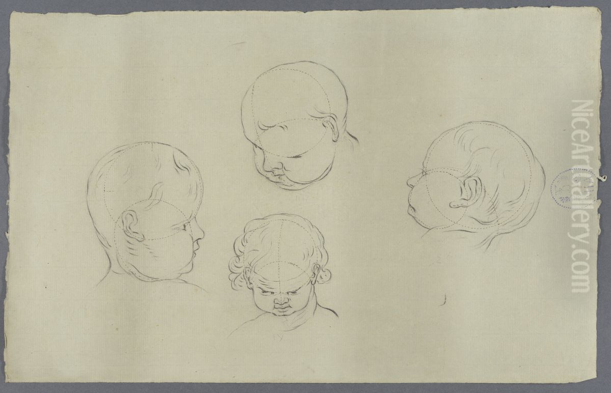 four children's heads with guidelines for proportions Oil Painting by Louis-Marin Bonnet