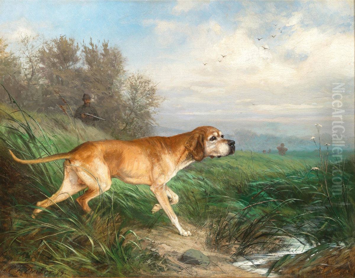 Vorstehhund, im Hintergrund ein Jager am Waldrand Oil Painting by Carl Friedrich Deiker