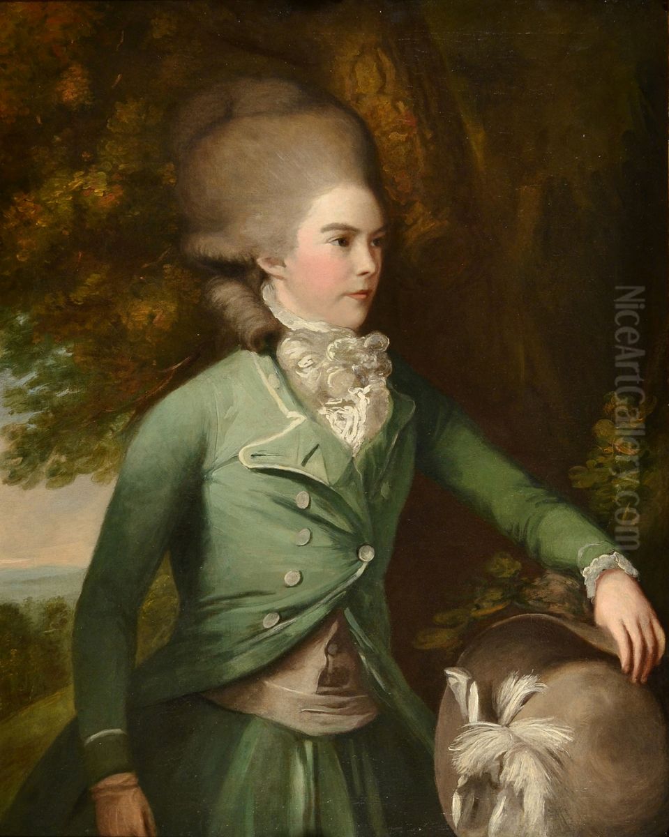Jane, Duchess of Gordon, nee Maxwell, standing three-quarter-length, portrayed in a green riding habit, wearing only one glove on her right hand. Oil Painting by Daniel Gardner