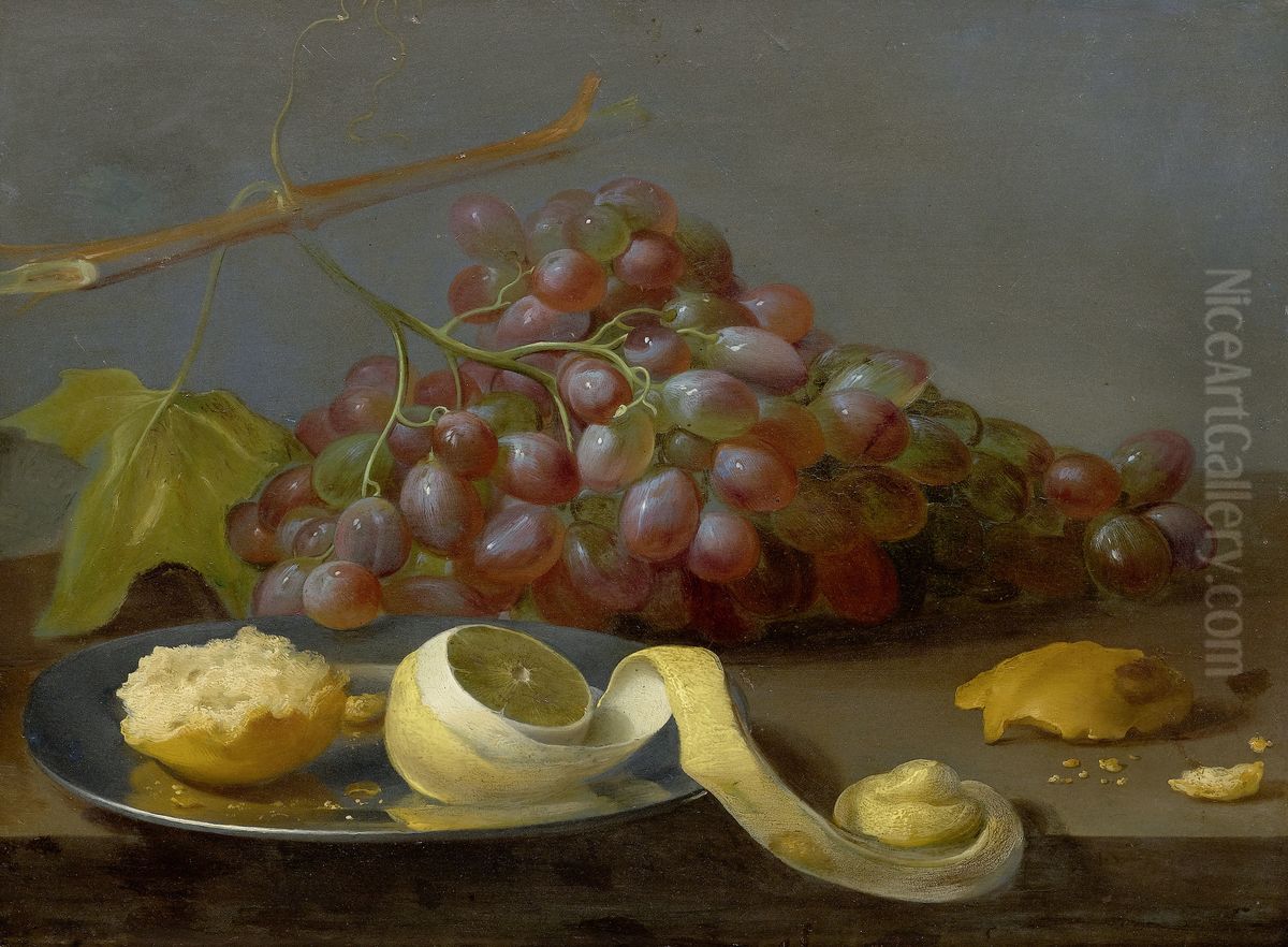 Still life with grapes, a lemon and bread on a table Oil Painting by Jacob van Es