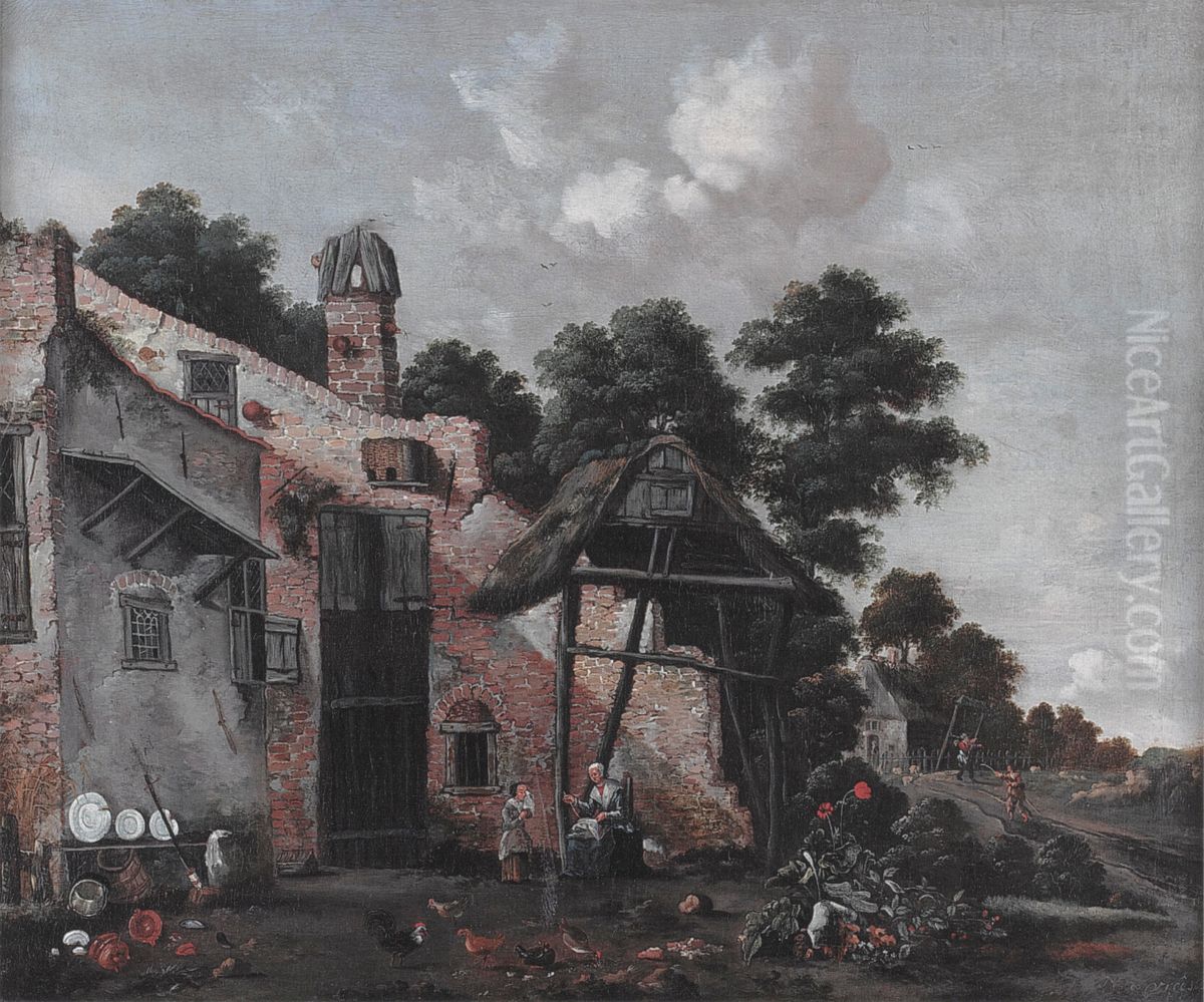 Gezicht op een erf bij een boerderij Oil Painting by Nicolaes de Vree