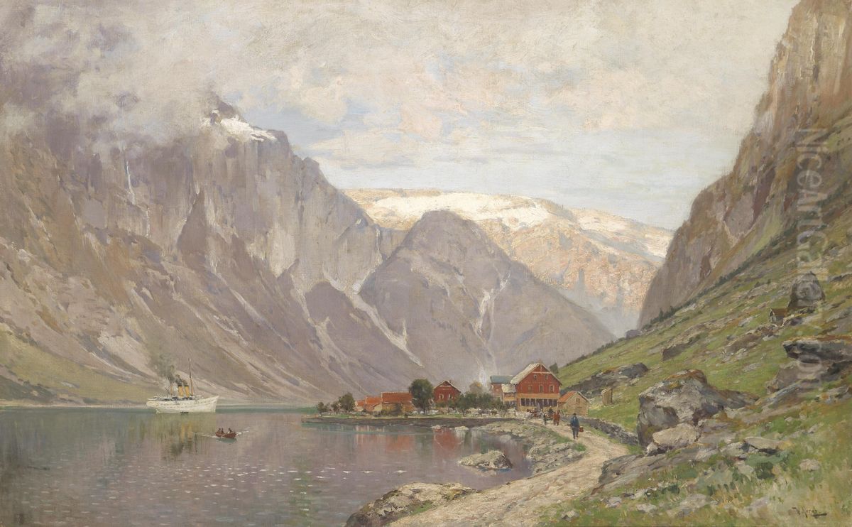 Large Fjord Landscape Oil Painting by Walter Moras
