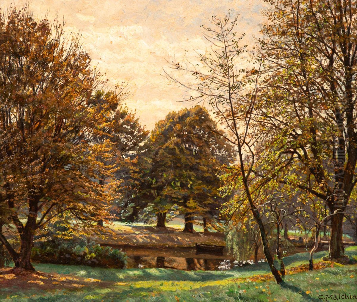 Pond in the Paulshohe park area near Schwerin Oil Painting by Carl Malchin