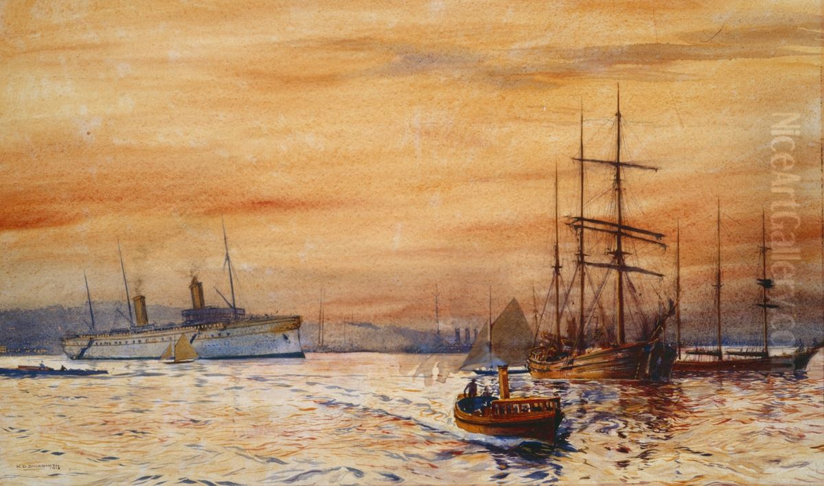 A Harbour by Sunset (1913) Oil Painting by Kenneth Denton Shoesmith