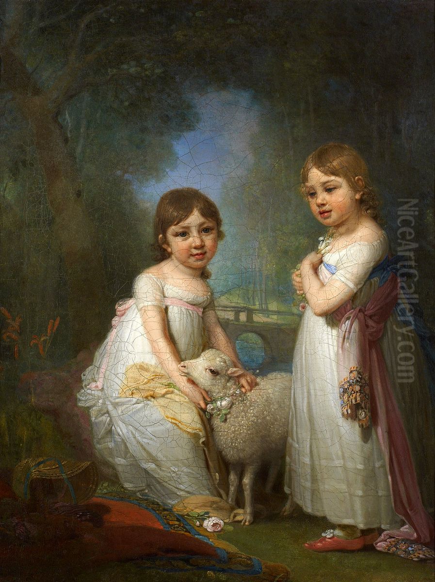 Portrait of two children with a lamb Oil Painting by Vladimir Borovikovsky