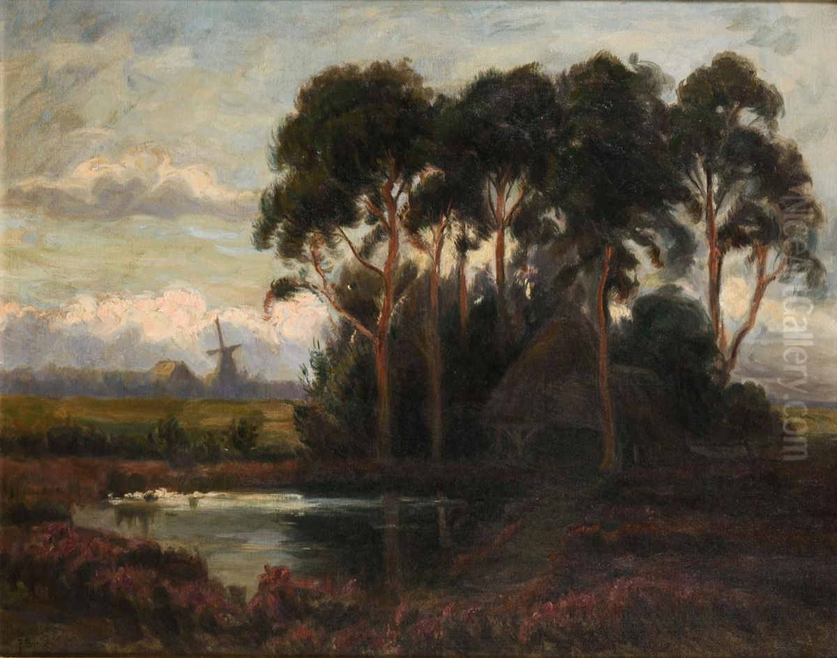North German landscape with windmill Oil Painting by Franz Bunke