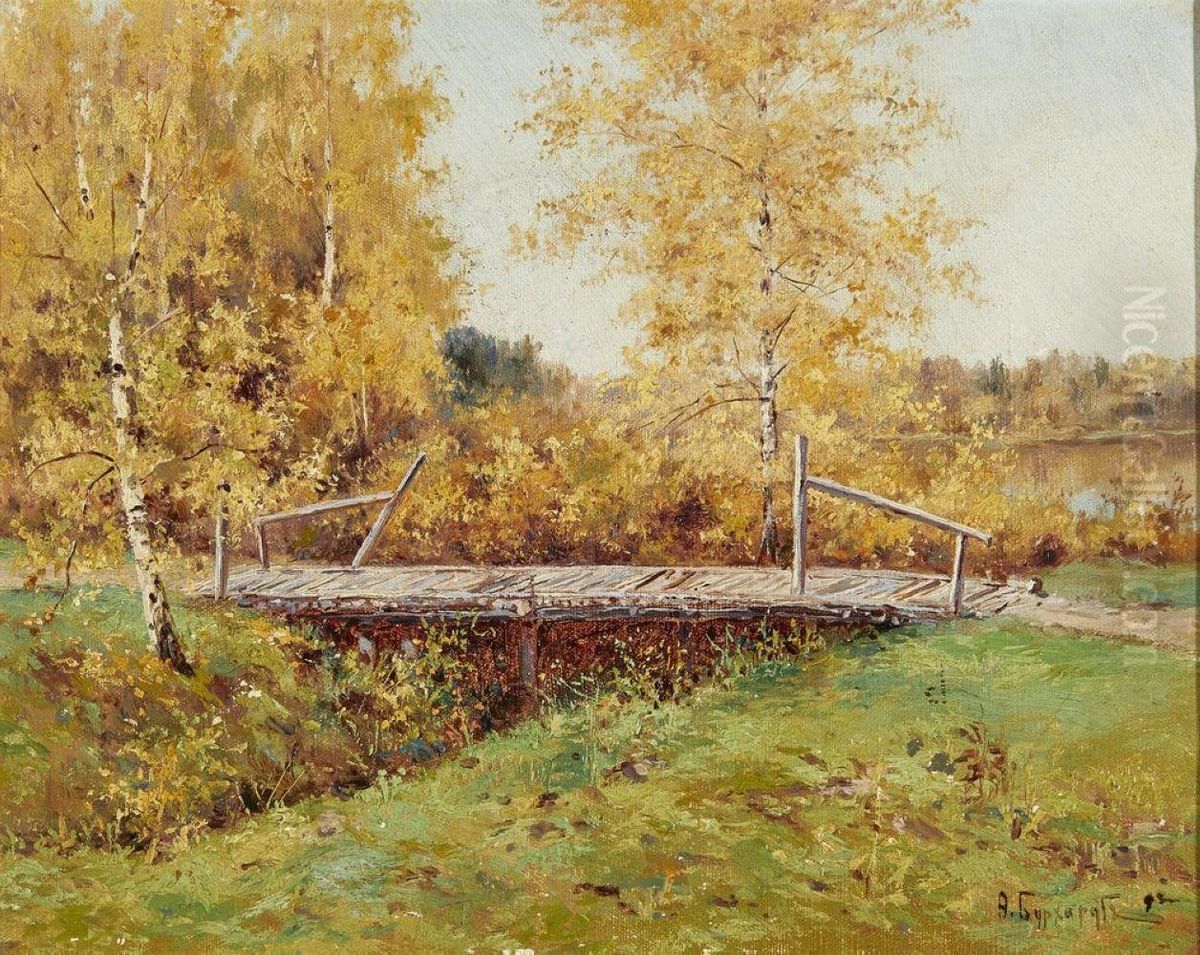 Autumn landscape with a bridge Oil Painting by Fedor Karlovich Burkhardt
