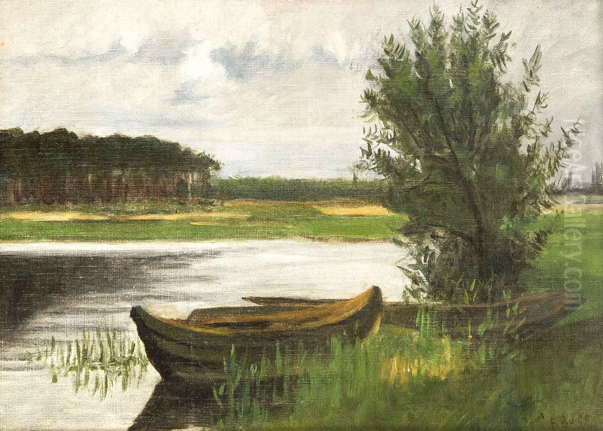 Boats on the banks of the Beke Oil Painting by Franz Bunke