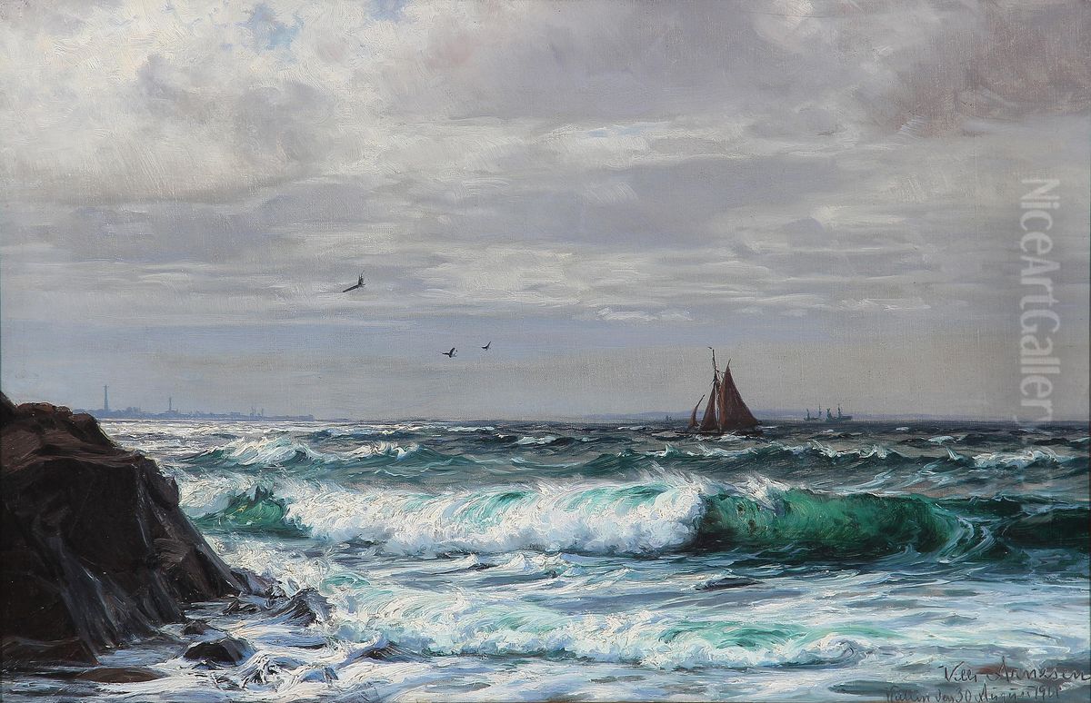 Costal scene with ships off Kullen, Sweden. Oil Painting by Vilhelm Arnesen