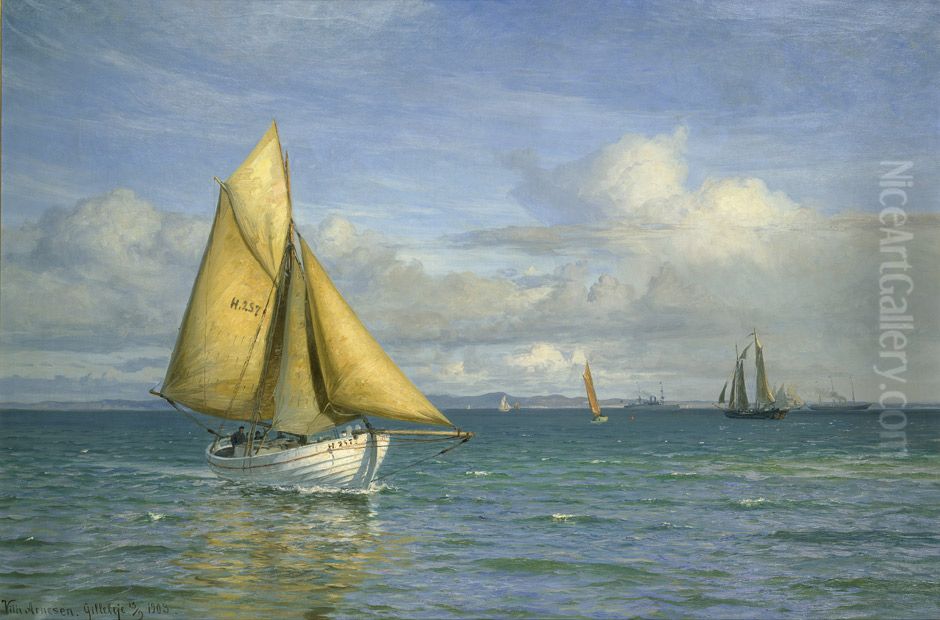 Skibe ud for Gilleleje. Oil Painting by Vilhelm Arnesen