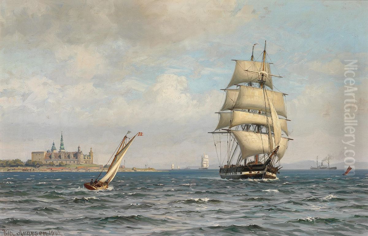 Sejlskibe i Sundet ud for Kronborg. Oil Painting by Vilhelm Arnesen