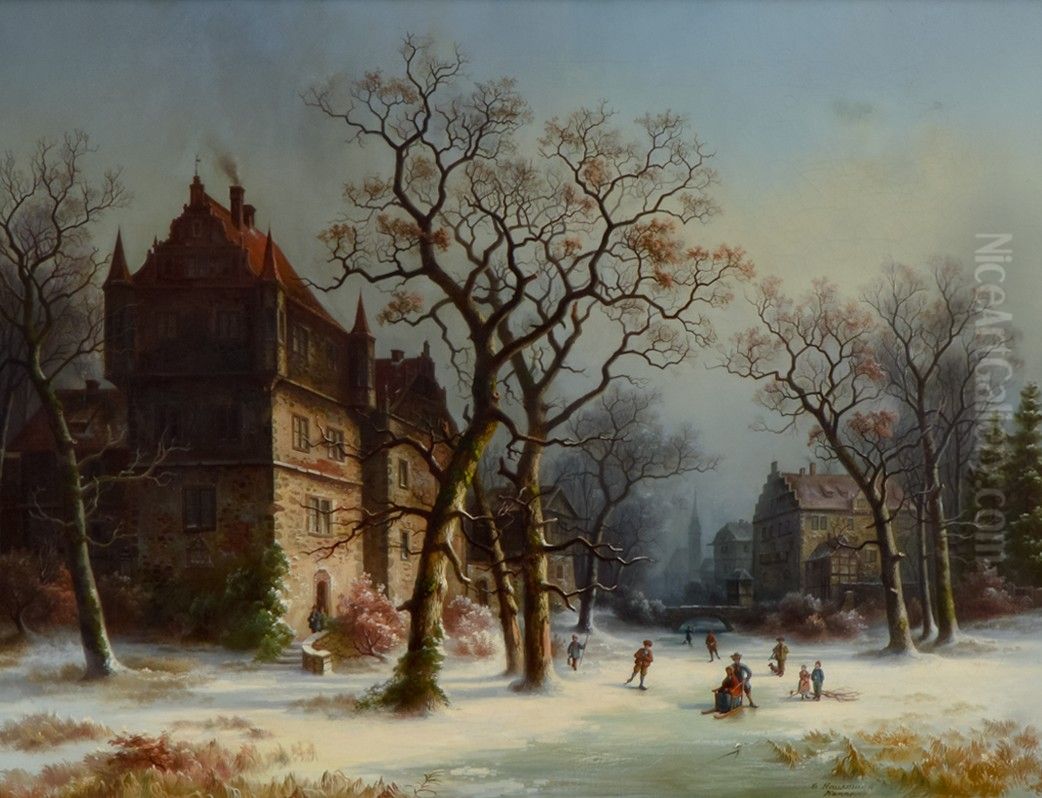 Winterliches Vergnugen auf dem Eis Oil Painting by Gustav Hausmann