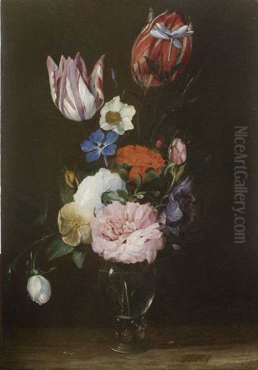 Flowers in a glass vase Oil Painting by Jan van den Hecke