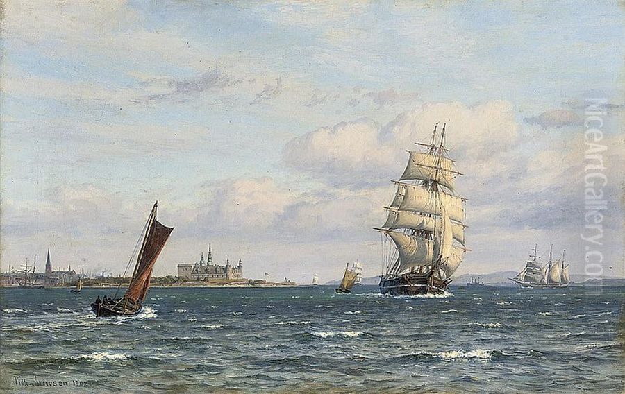 Shipping off Kronborg Castle. Oil Painting by Vilhelm Arnesen