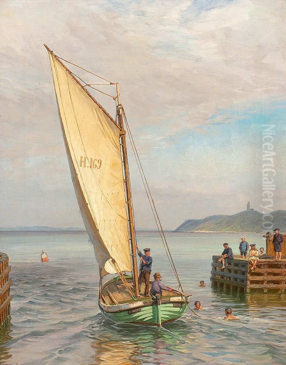 Havneparti med sejlbad og badende born. Oil Painting by Vilhelm Arnesen