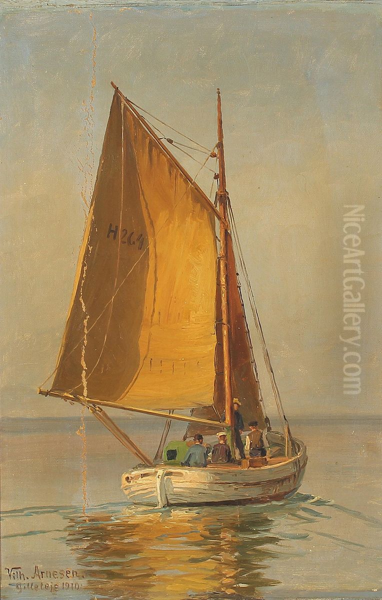 A fishing boat off Gilleleje. Oil Painting by Vilhelm Arnesen