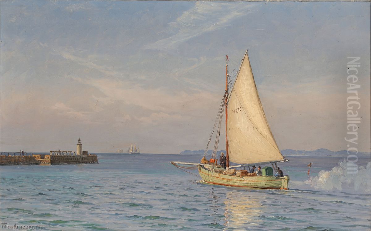 A summer evening in Gilleleje harbour. Oil Painting by Vilhelm Arnesen