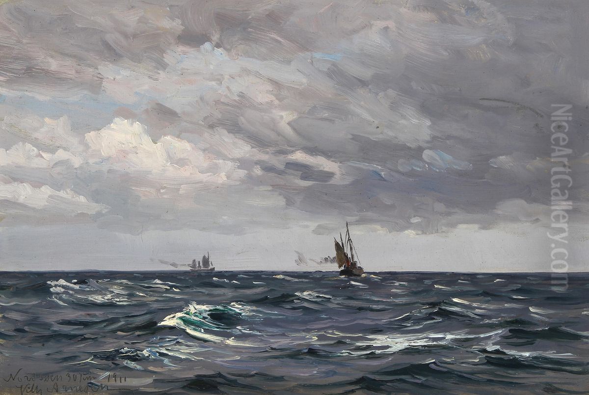 Ships on the North Sea. Oil Painting by Vilhelm Arnesen