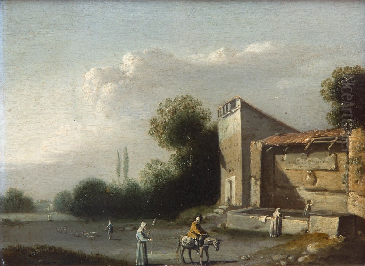 An Italianate landscape with a donkey rider and a woman doing the laundry by a fountain Oil Painting by Goffredo Wals