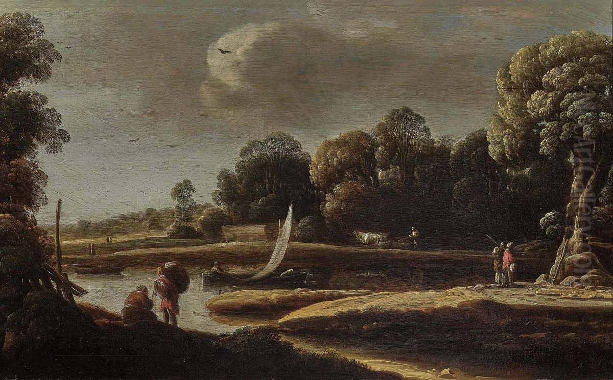 Shore landscape with fishing boat and rural figure scenery Oil Painting by Goffredo Wals