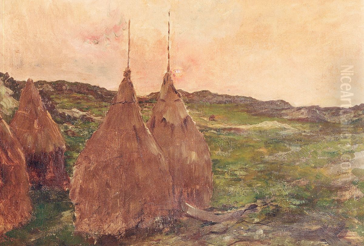 Haystacks at dusk Oil Painting by Constantin Meunier