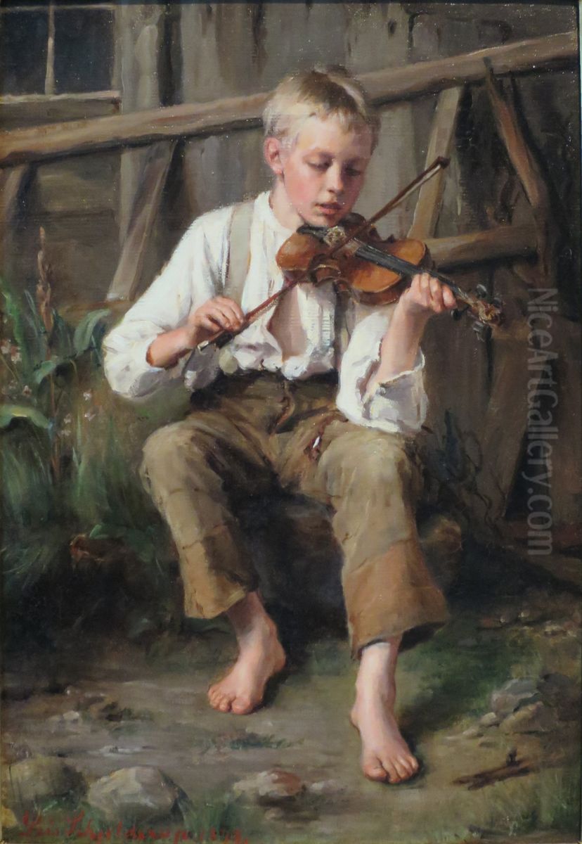 A Violonist Oil Painting by Leis Schjelderup