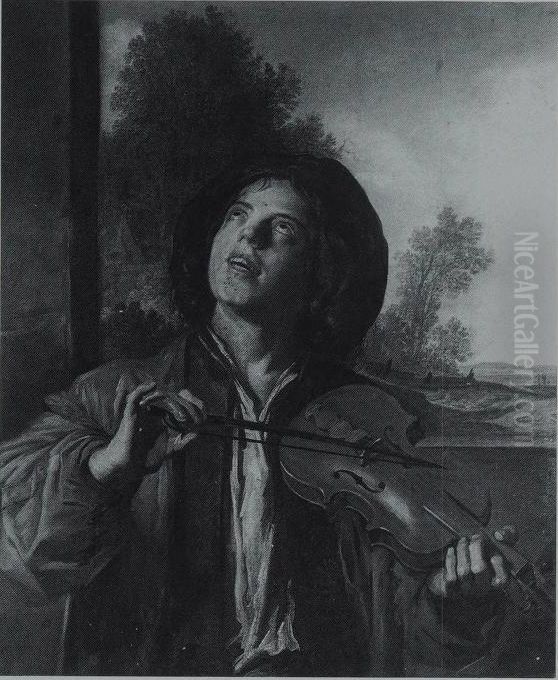 Young man playing the violin in a landscape Oil Painting by Judith Leyster