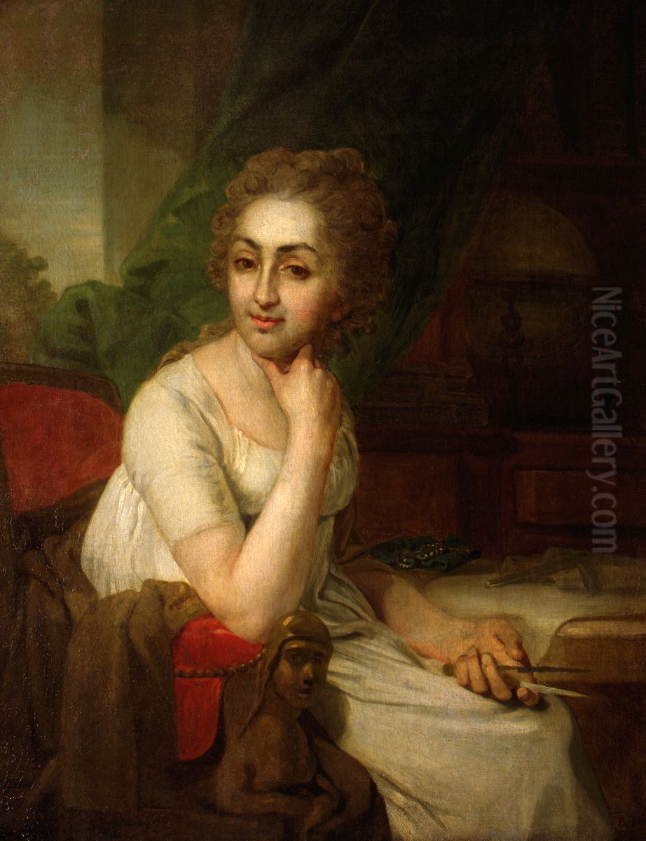 <<Portret neizvestnoj s cirkulem v ruke i s lezasim na stolike frejlinskim sifrom>> Oil Painting by Vladimir Borovikovsky
