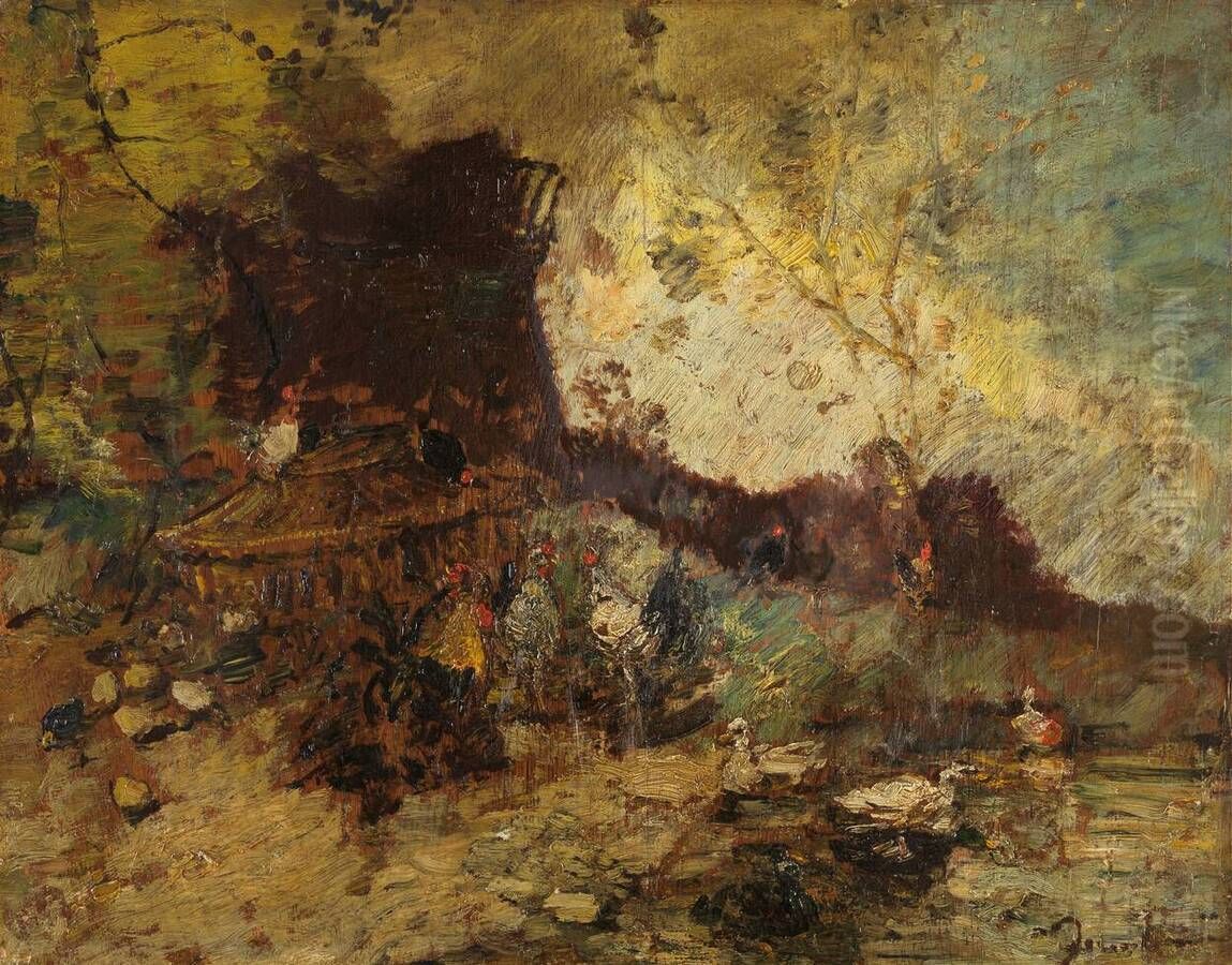 Poultry near the ruins of a mill Oil Painting by Adolphe Joseph Thomas Monticelli