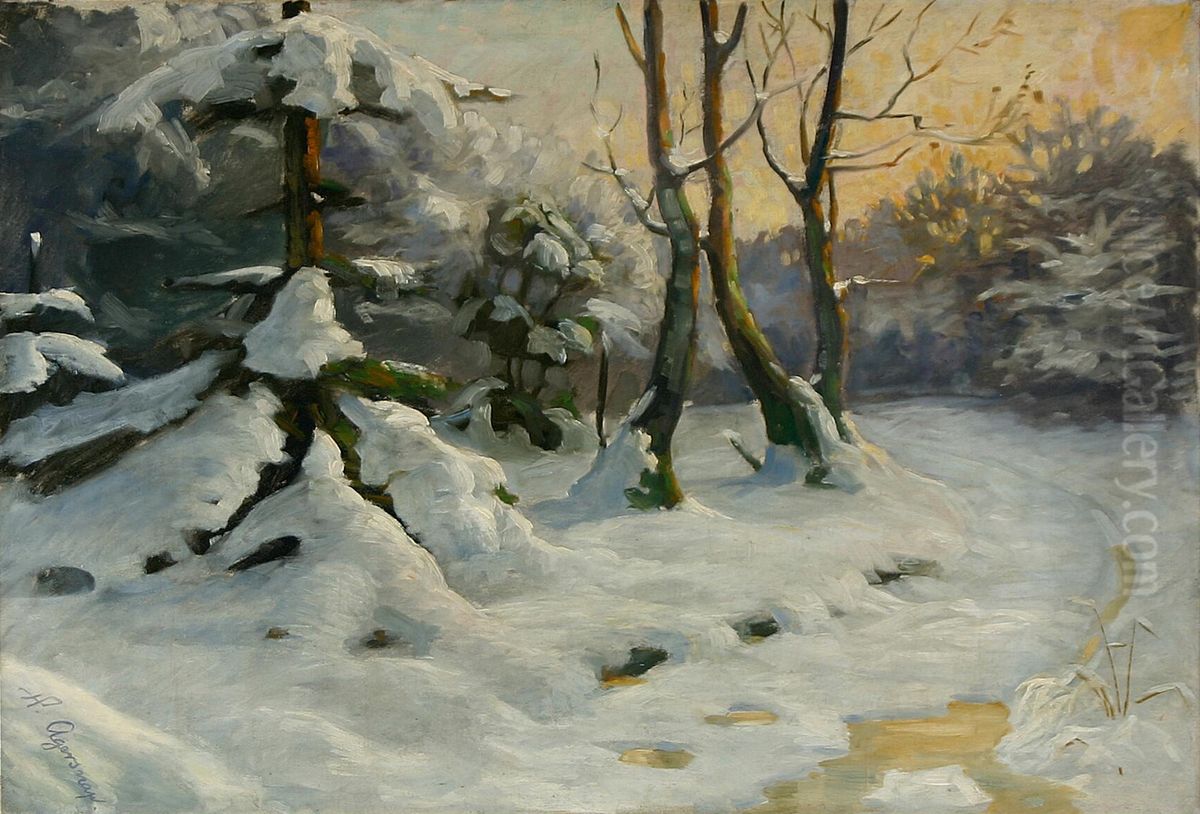 A winter forest scenery. Oil Painting by Hans Agersnap