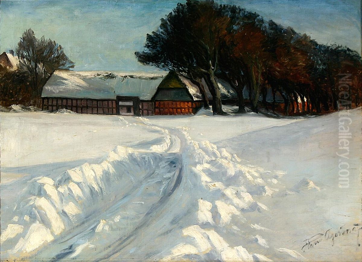 Winter landscape at a timber framed farm. Oil Painting by Hans Agersnap