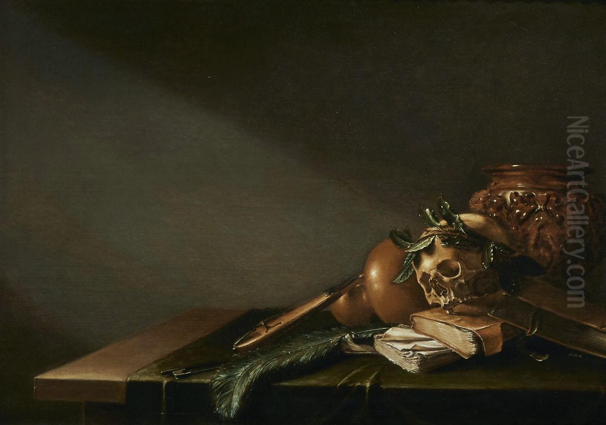 Vanitas still life with a skull, books, string instrument and peacock feather on a table Oil Painting by D. Witting