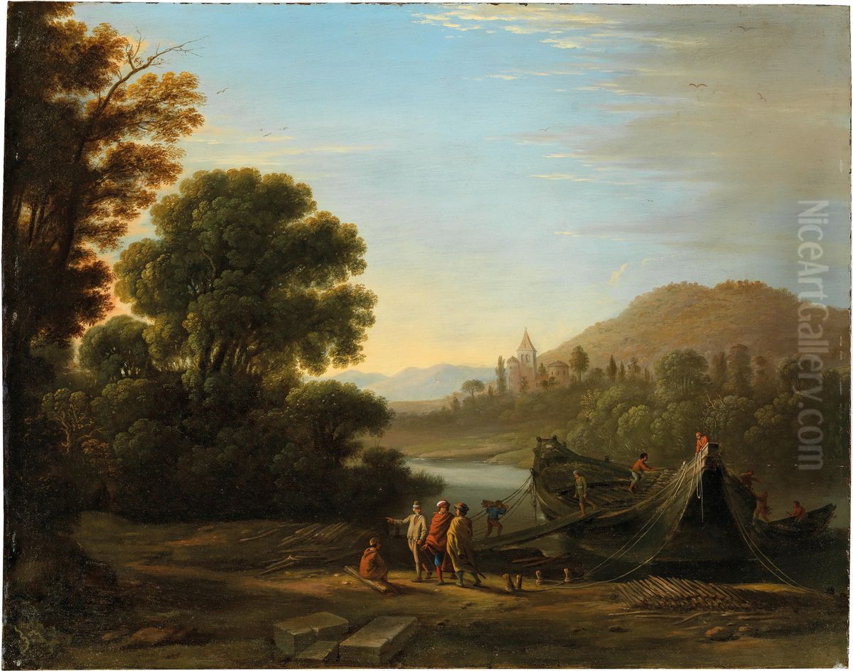 Landscape with figures loading timber onto a boat Oil Painting by Claude Lorrain (Claude Gellee)