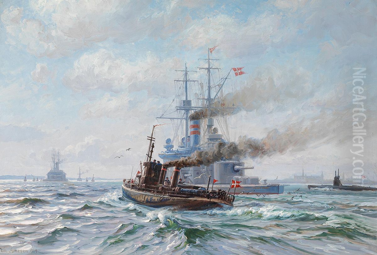 The Peder Skram passing Kronborg Castle. Oil Painting by Vilhelm Arnesen