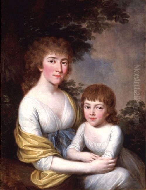 Portrait of Maria Daszkiewiczowa nee Rastawiecka with her daughter Oil Painting by Jozef Pitschmann