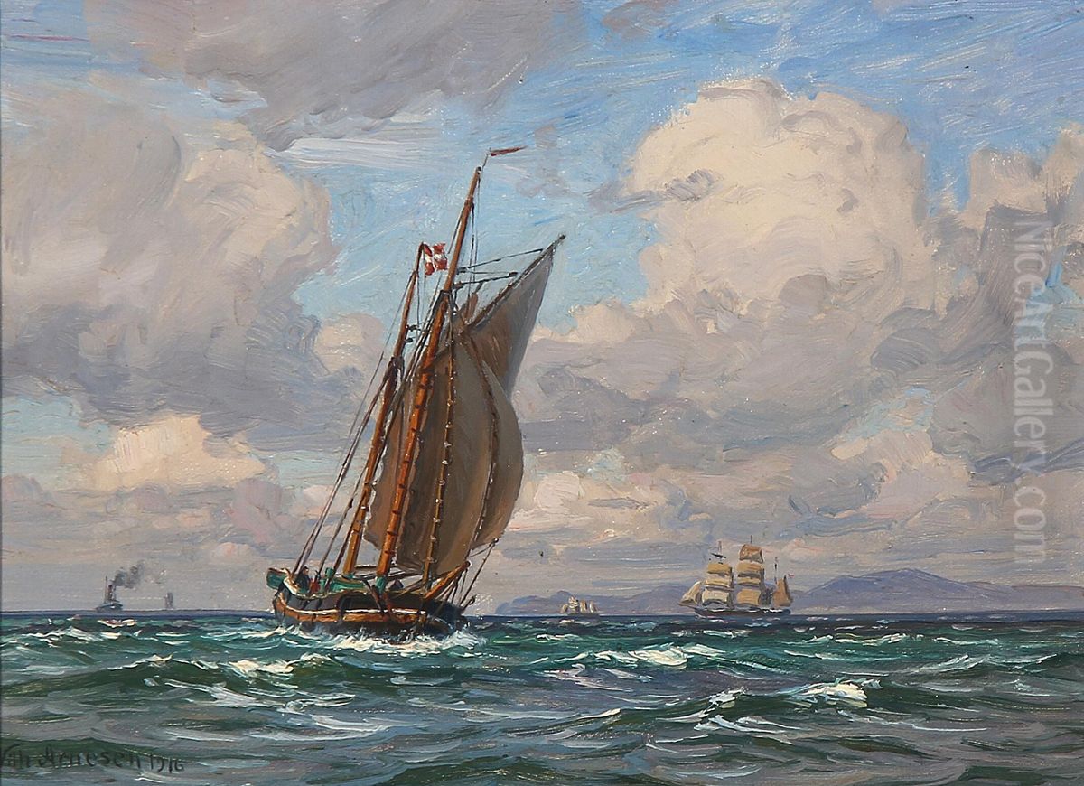 Numerous ships in Oresund. Oil Painting by Vilhelm Arnesen